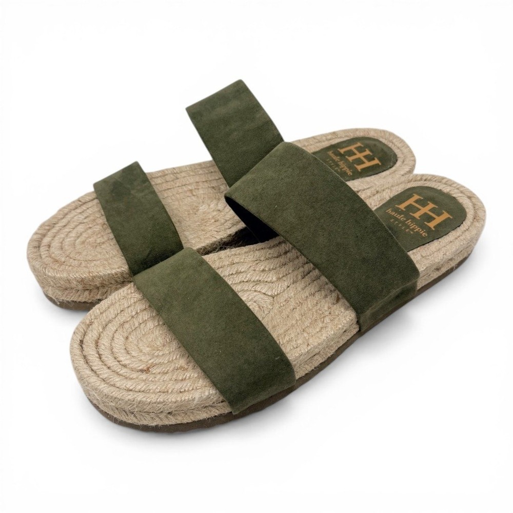 Haute Hippie Nori Espadrille Slide Sandals Suede Double Strap Olive Green Flat